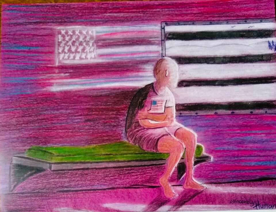 Art by Anthony Miranda—person seated in detention with american flag and prison bars behind him