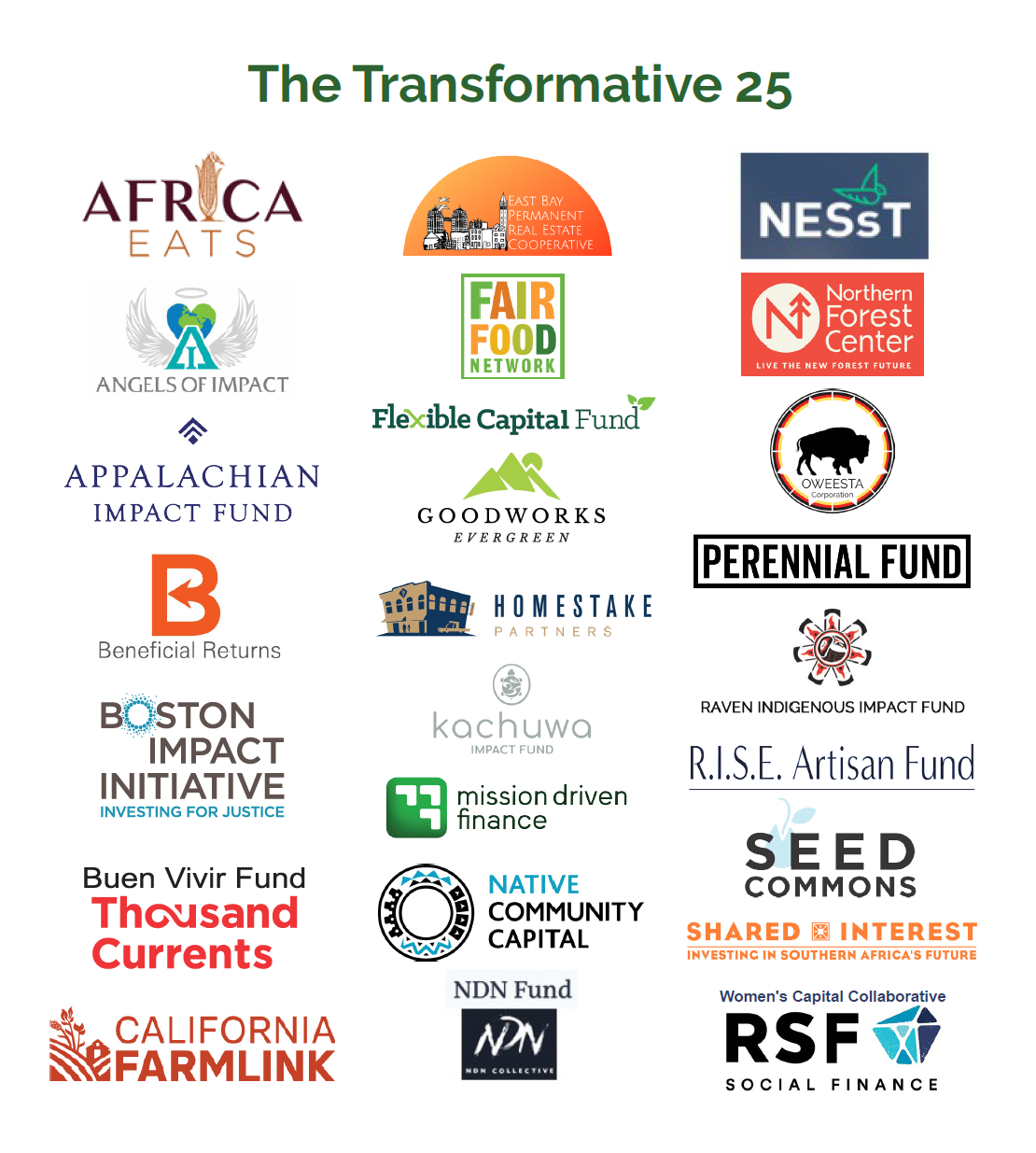Logos of funds on The Transformative 25 List