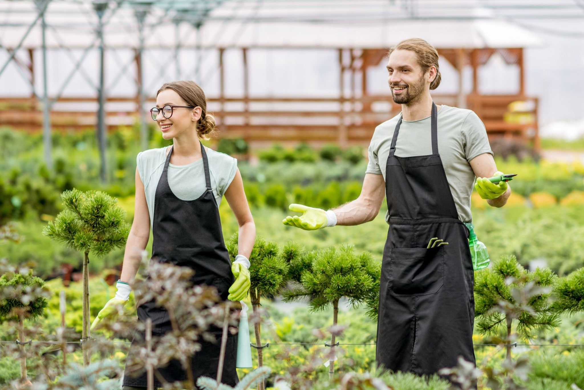 growing-food-3x2 two young people working in a greenhouse surrounded by plants