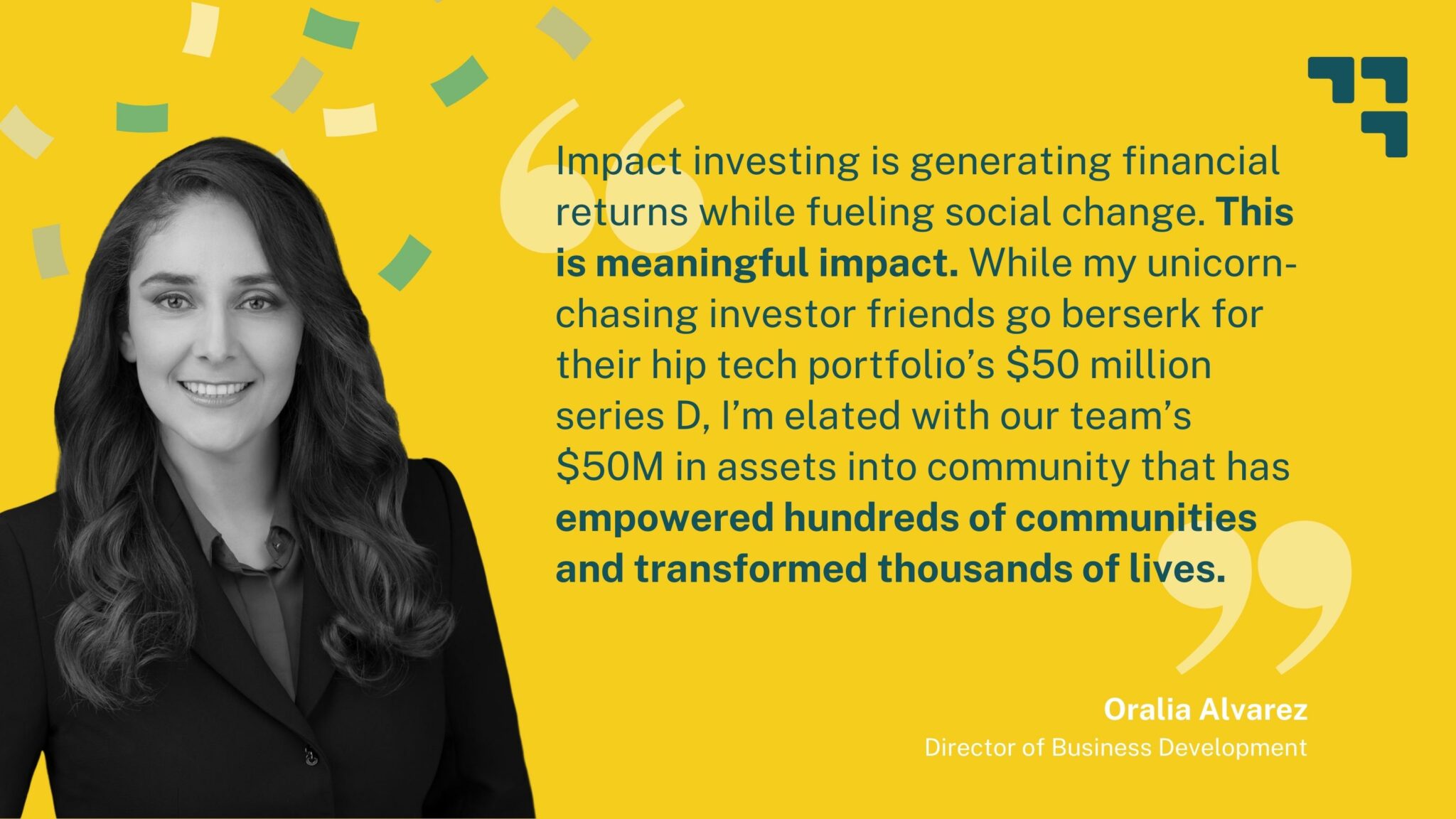 Photo of woman smiling into the camera in front of yellow background and a quote about impact investing