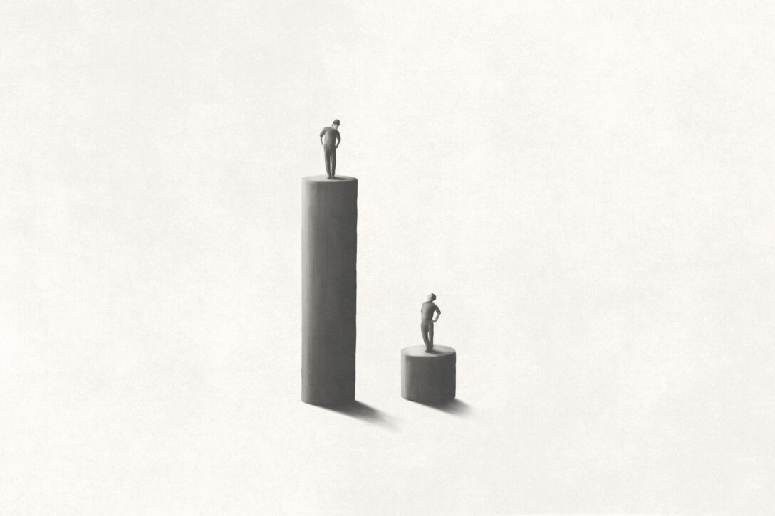 An illustration showing one person on a pillar much higher than the person next to them and looking down at them while the person on the lower pillar looks up at the other