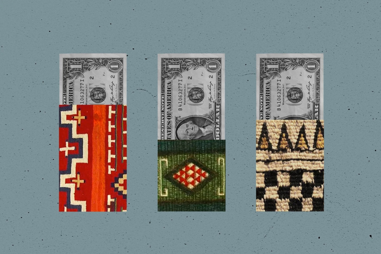 Illustration of three $1 bills wrapped in textiles from (left to right) the Navajo, Zuni and Salish tribes. By Rena Li for The 19th.