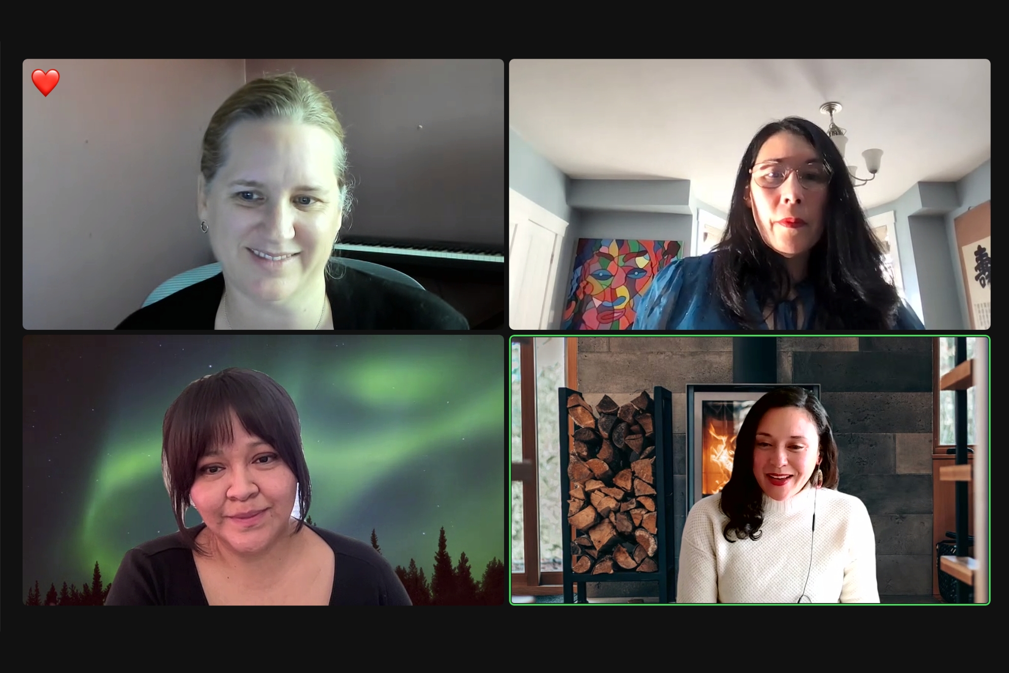 A Zoom view of 4 speakers. Clockwise from top left: Stephanie Gripne of Impact Finance Center, Betty Francisco of Boston Impact Initiative, Lauren Grattan of Mission Driven Finance, and Jaime Gloshay of Common Future