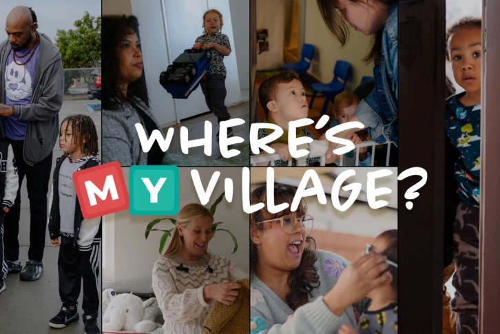 Text graphic with a collage of images in the background. In the foreground is the text, "Where's My Village?"