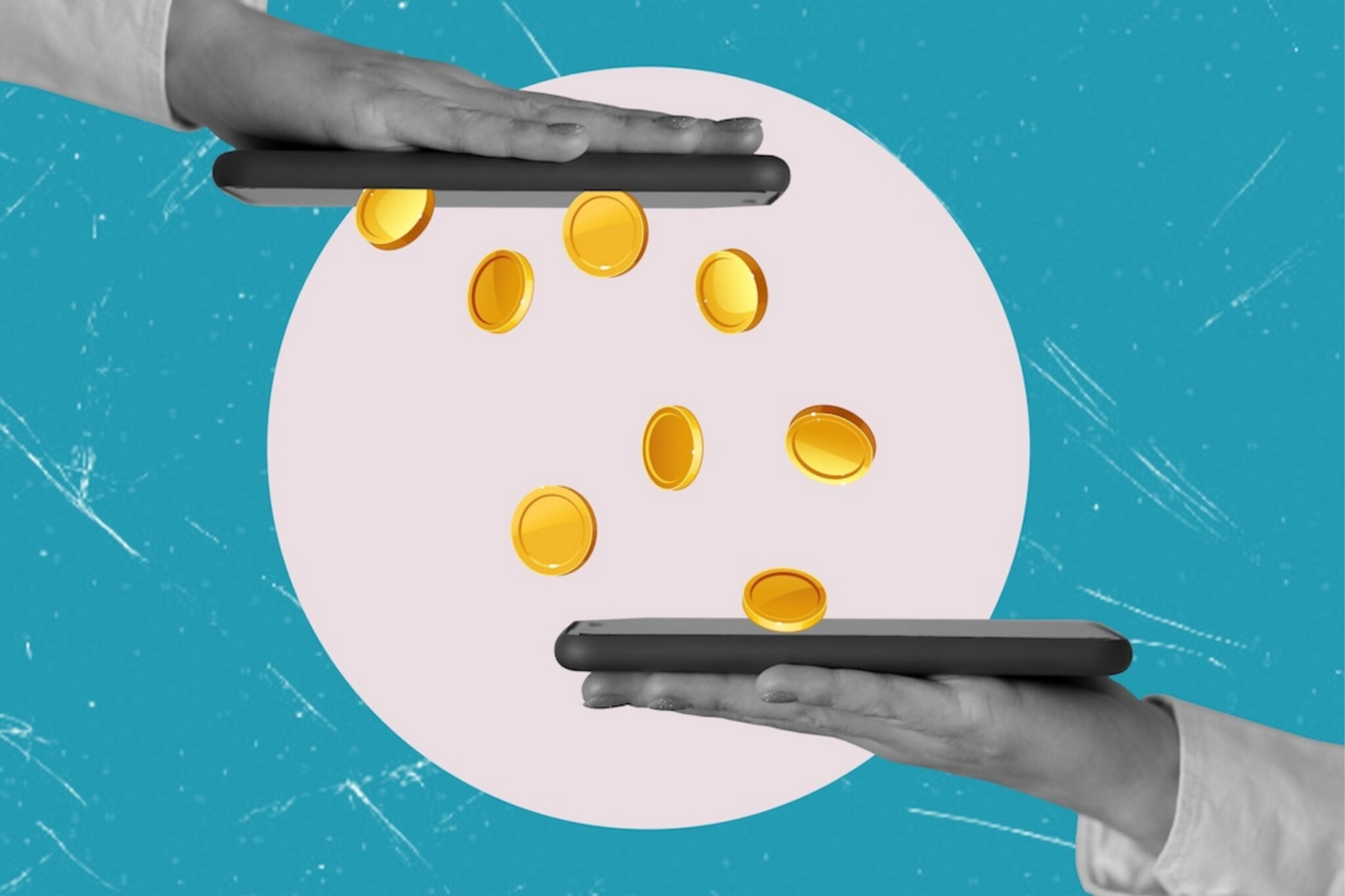 stock image of coins flowing between hands against a white circle and teal background