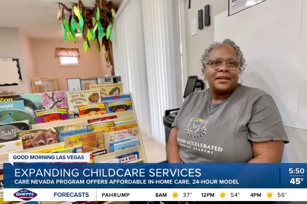 Screenshot of a news clip from KTNV showing a woman in a child care setting