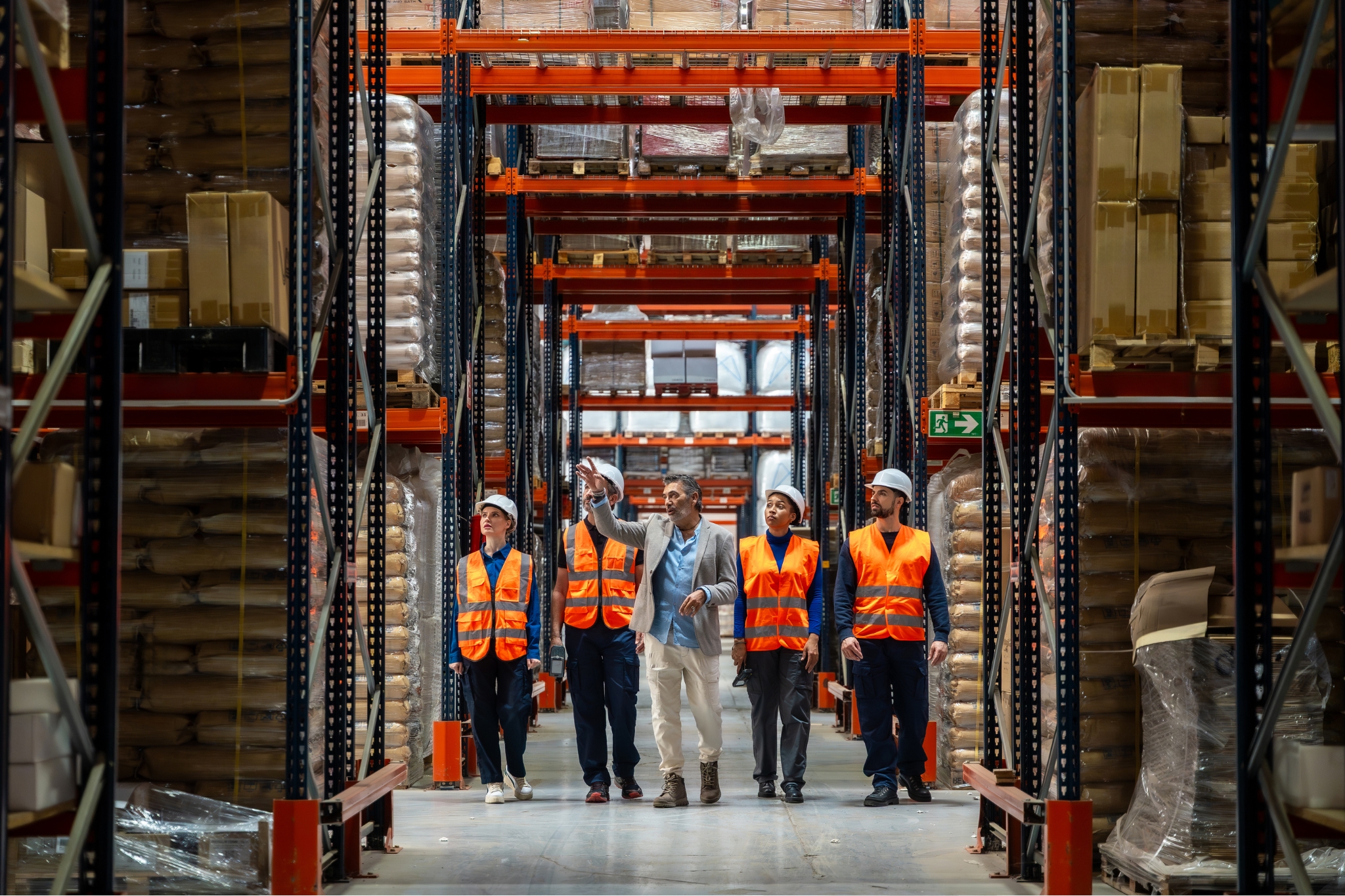 people wearing safety vests walking in a warehouse