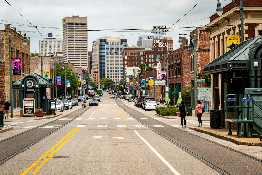 View of a downtown area with a street and buildings